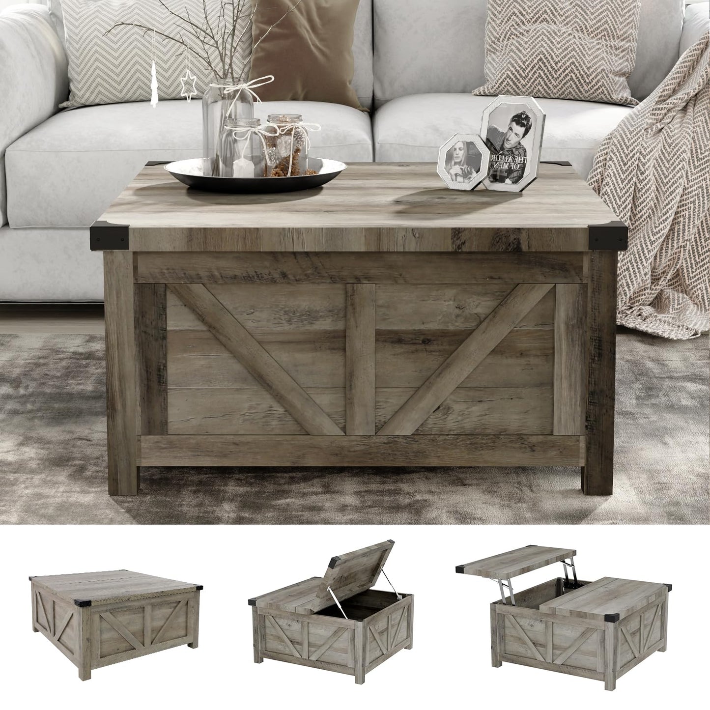 Farmhouse Lift Top Coffee Table with Storage and Charging Station – Grey Wood Square Center Table with USB Ports, Hidden Compartment, and Spacious Storage for Living Room, Bedroom, or Home Office
