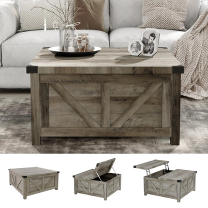 Farmhouse Lift Top Coffee Table with Storage and Charging Station – Grey Wood Square Center Table with USB Ports, Hidden Compartment, and Spacious Storage for Living Room, Bedroom, or Home Office