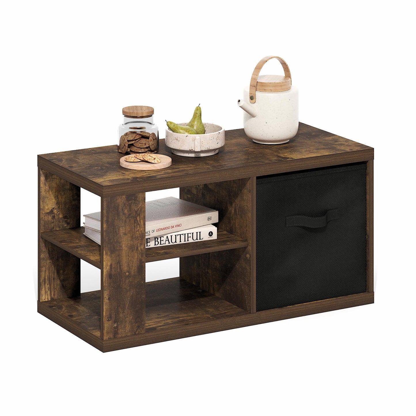 Modern Coffee Table with Open Shelves and Storage Bin, Stylish Side Table for Living Room, Amber Pine/Black