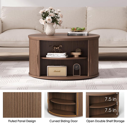 Round Coffee Table with Lift Top, 31.5" Mid-Century Modern Fluted Coffee Table with Hidden Storage Compartment, Small Center Table for Living Room, Walnut