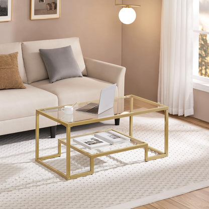 42" Rectangular Glass Coffee Table with Gold Metal Frame, 2-Tier Center Table for Living Room, Office, or Small Spaces