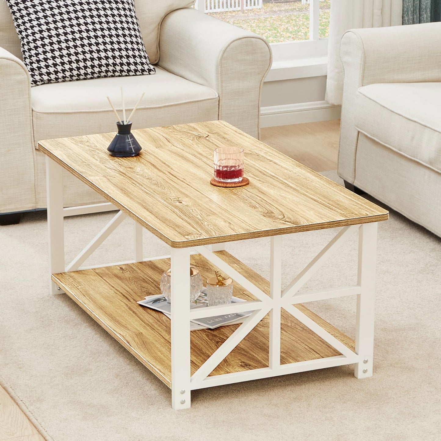 GreenForest 39" Coffee Table with Round Corners, Farmhouse Center Table with 2-Tier Storage Shelf, X-Frame Design for Living Room, Oak