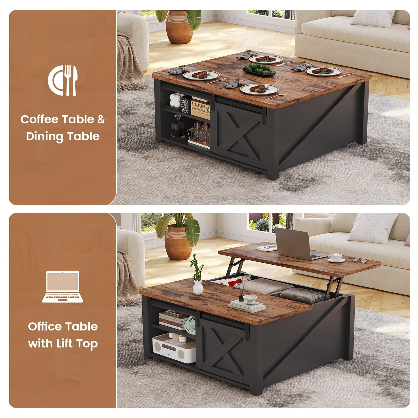 SEDETA 31.5" Lift Top Square Coffee Table with Storage – Farmhouse Living Room Table with Large Hidden Compartment, Adjustable Shelves & Modern Black Finish