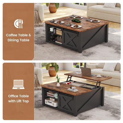 SEDETA 31.5" Lift Top Square Coffee Table with Storage – Farmhouse Living Room Table with Large Hidden Compartment, Adjustable Shelves & Modern Black Finish