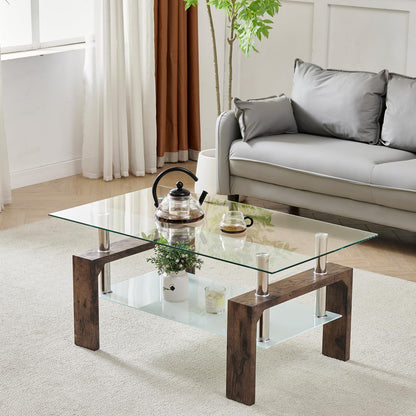 Modern Rectangle Coffee Table for Living Room, Brown Glass Tea Table with Wooden Legs & Lower Storage Shelf, Stylish Center Table for Home, Office, or Waiting Room