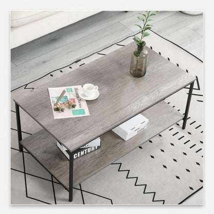 2-Tier Coffee Table with Storage Shelf, Grey Oak Wood and Metal Frame Rectangle Table for Living Room, 39.3"x20"x16"