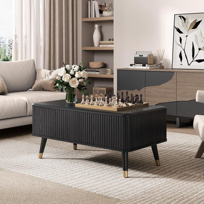 Lift Top Coffee Table with Storage Shelf & Hidden Compartment, Mid-Century Modern Fluted Rectangle Table for Living Room or Home Office, Black