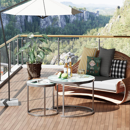 Nesting Coffee Table Set of 2, Round Green Art Top Tables with Sturdy Metal Frame for Living Room or Bedroom, Modern Industrial Style