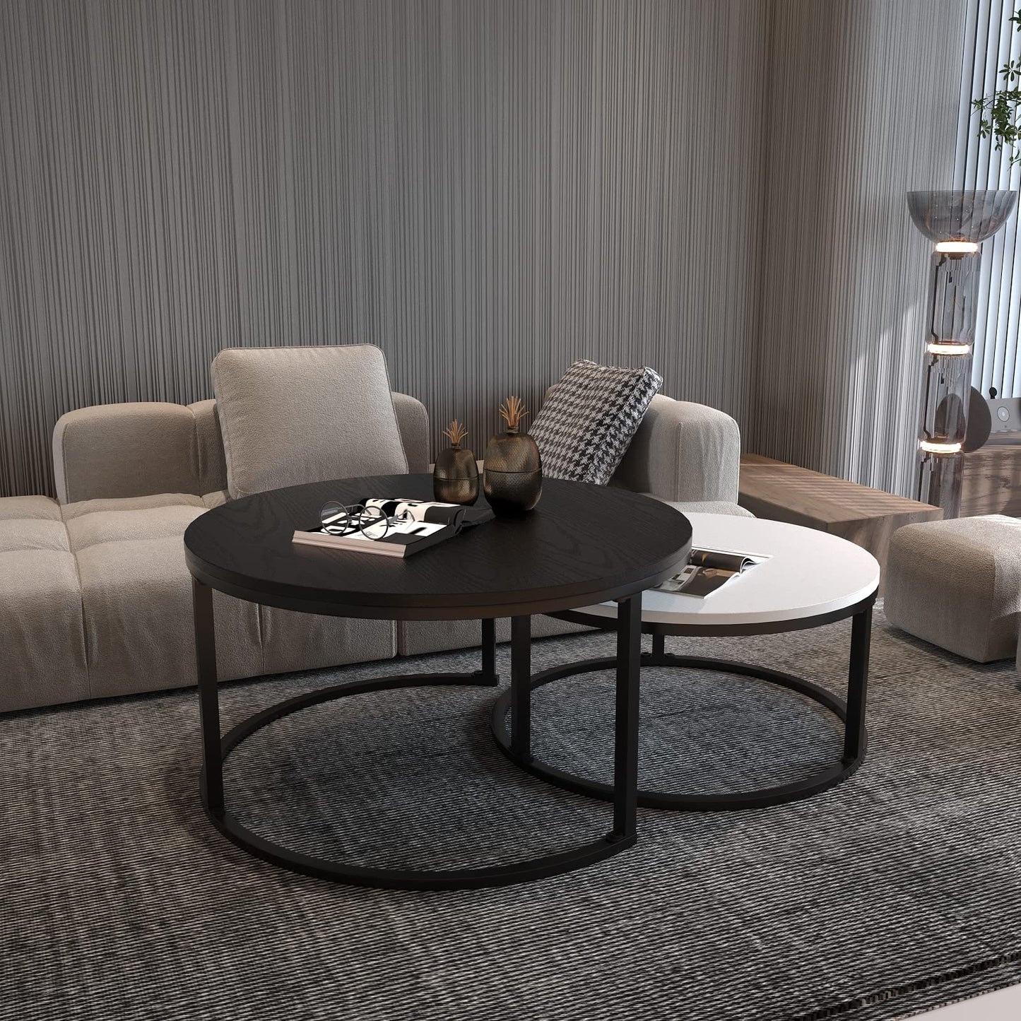 WiberWi Round Nesting Coffee Tables Set of 2 – Large Ø34", Small Ø26", Modern Metal Frame Side & End Tables for Living Room, Black & White
