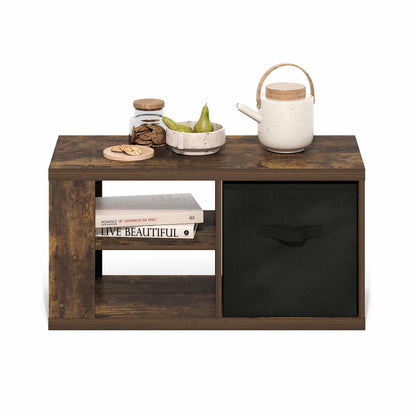 Modern Coffee Table with Open Shelves and Storage Bin, Stylish Side Table for Living Room, Amber Pine/Black