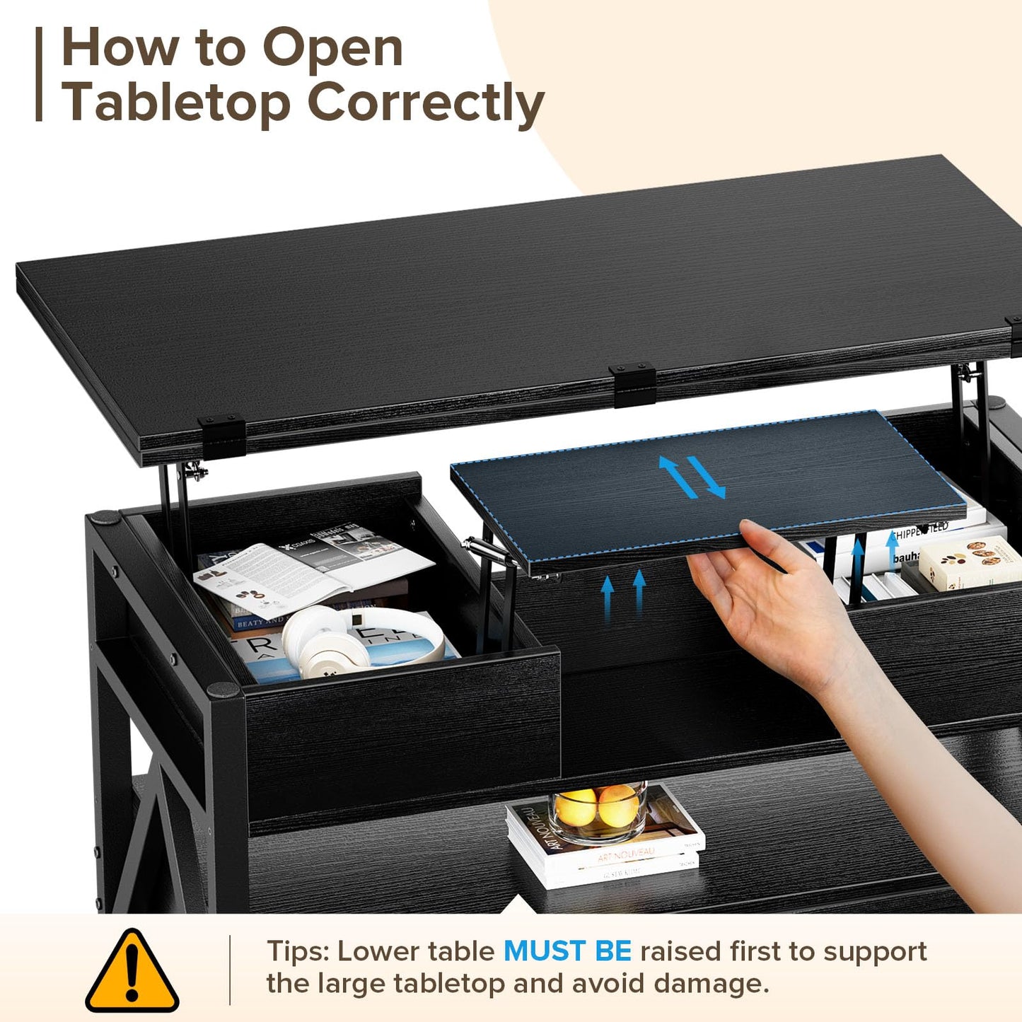 40" Lift Top Coffee Table, 4-in-1 Multi-Functional Farmhouse Coffee Table with Storage Drawers & Hidden Compartment, Lift Tabletop Center Table for Living Room, Black