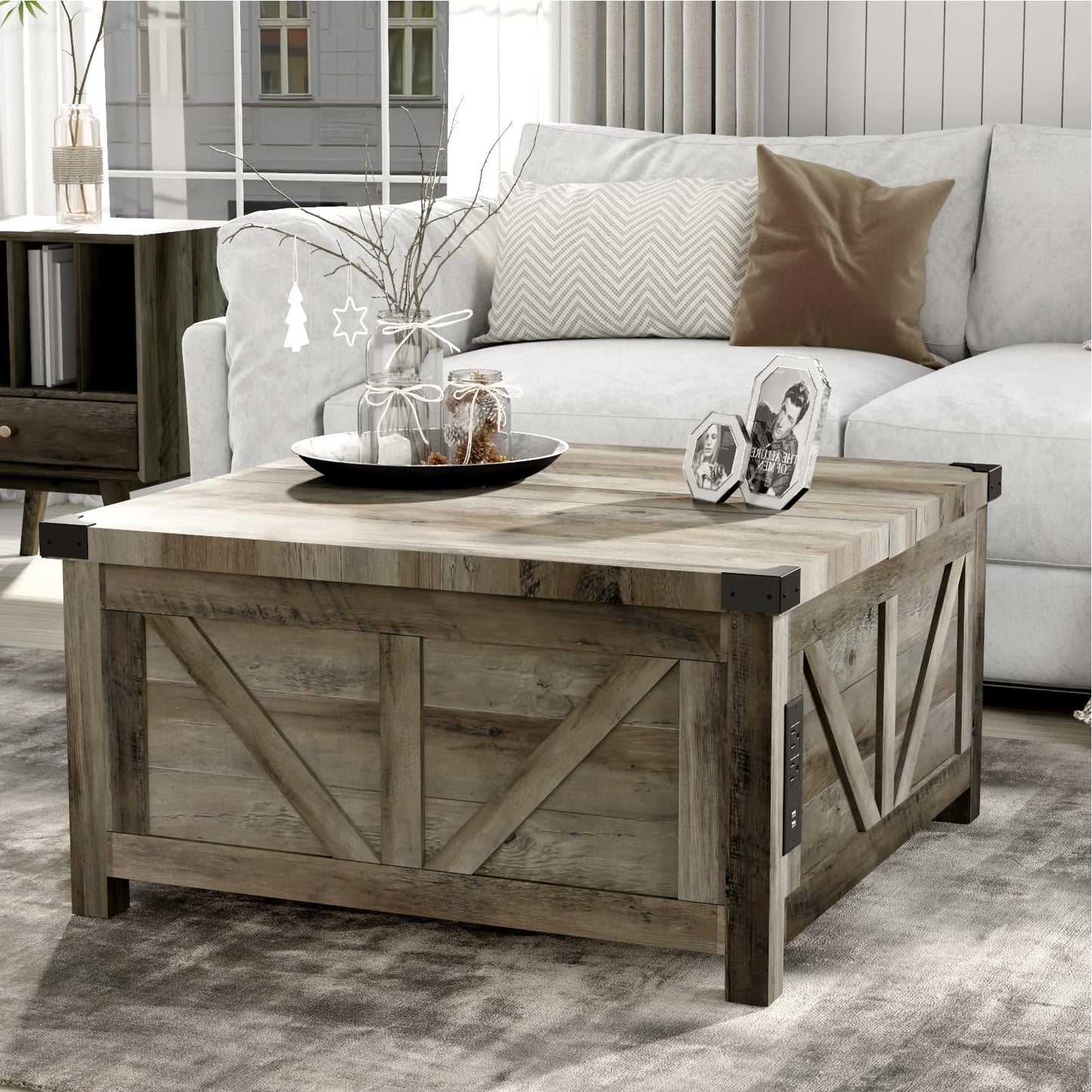 Farmhouse Lift Top Coffee Table with Storage and Charging Station – Grey Wood Square Center Table with USB Ports, Hidden Compartment, and Spacious Storage for Living Room, Bedroom, or Home Office
