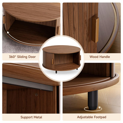 Round Coffee Table with Storage, 31.5" Modern Fluted Wood Table with 360° Sliding Door and Adjustable Footpads, Walnut