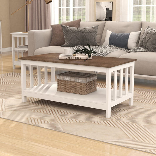 White Farmhouse Coffee Table with Shelf, 40 Inch Living Room Table