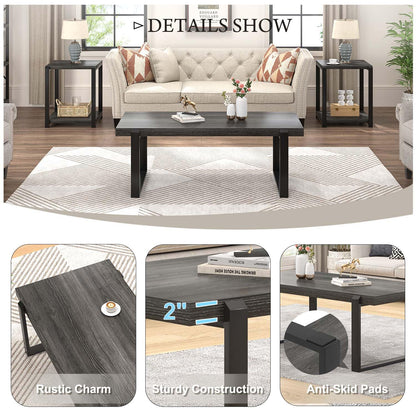 FOLUBAN 47" Industrial Coffee Table – Rustic Dark Gray Wood and Metal Rectangle Center Table for Living Room