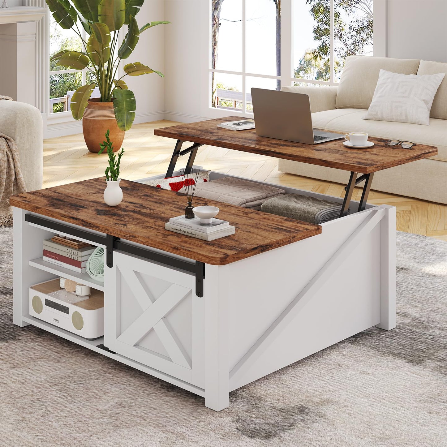 SEDETA 31.5" Lift Top Square Coffee Table with Storage – Farmhouse Living Room Table featuring Large Hidden Compartment, Adjustable Shelves & Modern White Finish