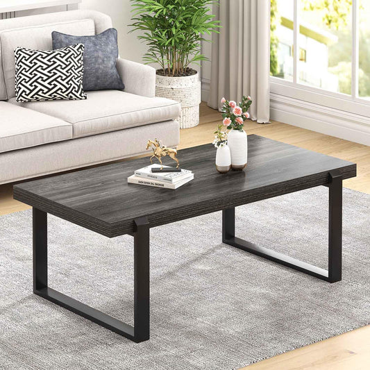 FOLUBAN 47" Industrial Coffee Table – Rustic Dark Gray Wood and Metal Rectangle Center Table for Living Room