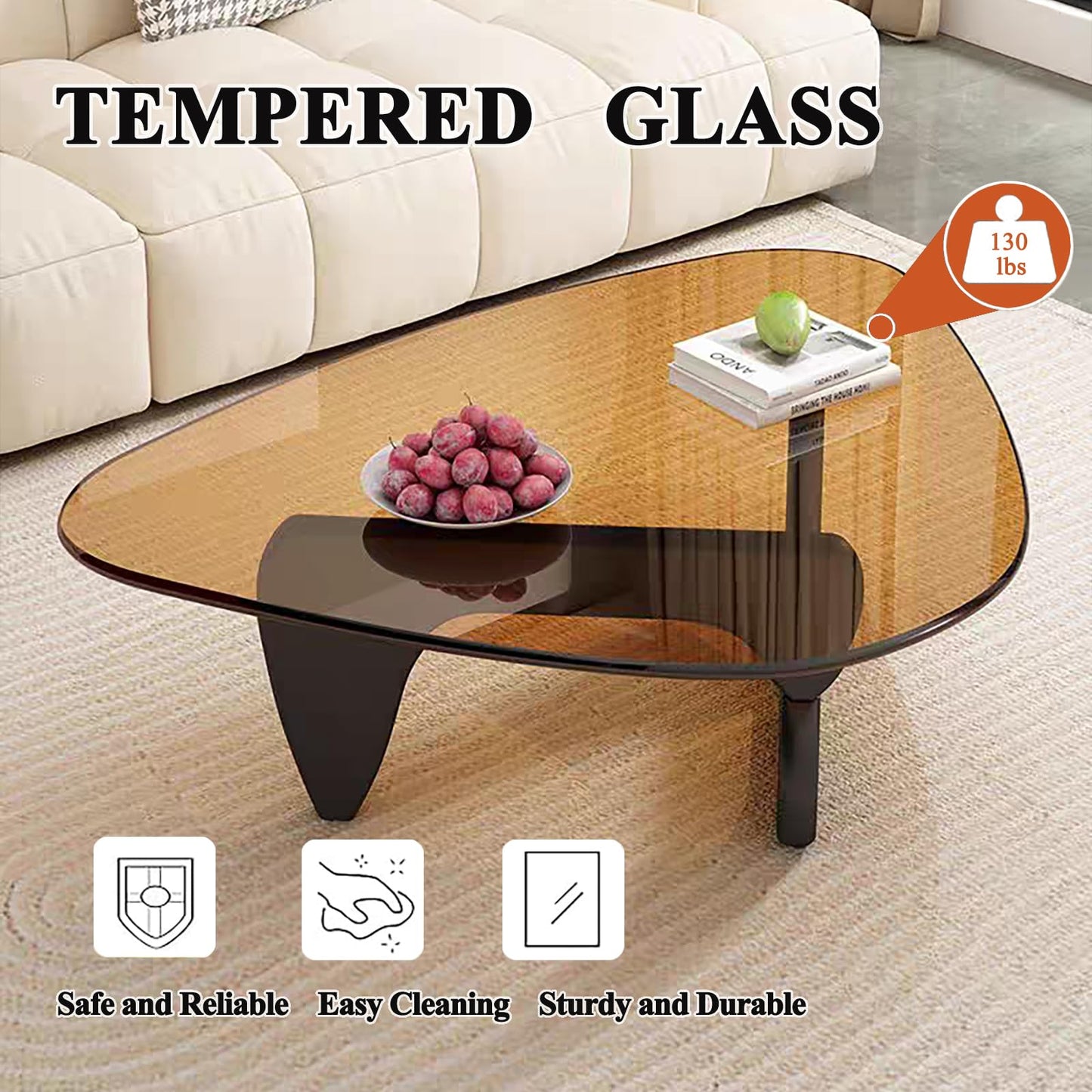Mid Century Modern Glass Coffee Table, Small Elegant Coffee Table for Living Room Bedroom Office, Black/Brown Medium