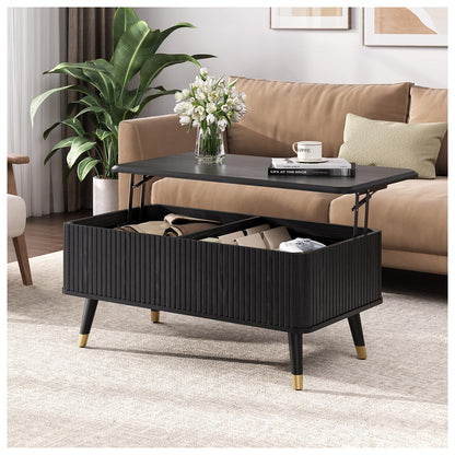 Lift Top Coffee Table with Storage Shelf & Hidden Compartment, Mid-Century Modern Fluted Rectangle Table for Living Room or Home Office, Black