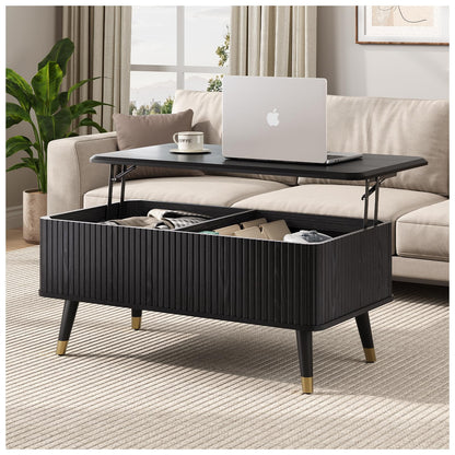 Lift Top Coffee Table with Storage Shelf & Hidden Compartment, Mid-Century Modern Fluted Rectangle Table for Living Room or Home Office, Black