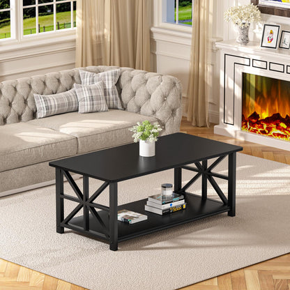 GreenForest 39" Coffee Table with Round Corners, Farmhouse Center Table with 2-Tier Storage Shelf & X-Frame Design for Living Room, Black