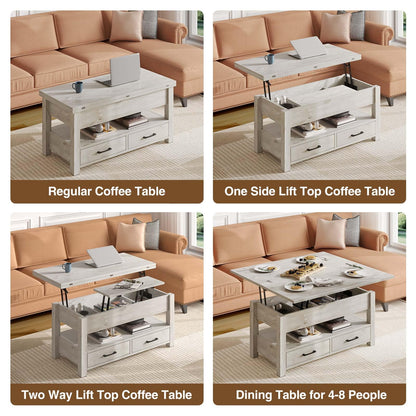 Rolanstar Lift Top Coffee Table – Multi-Function Convertible Table with Drawers & Hidden Compartment, Converts to Dining Table for Living Room or Home Office, Grey