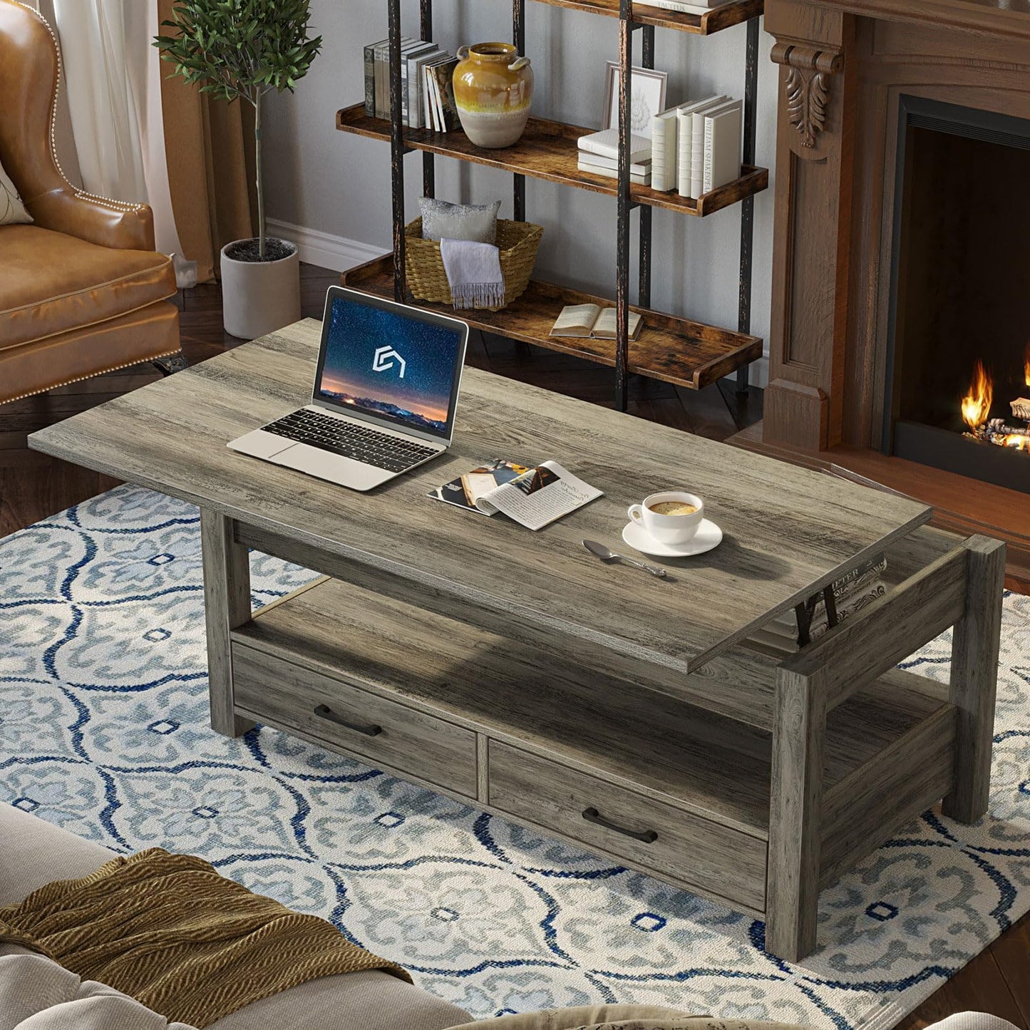 Rolanstar 47.2" Lift Top Coffee Table with Drawers & Hidden Compartment – Retro Wooden Central Table with Adjustable Lift Tabletop for Living Room, Washed Oak