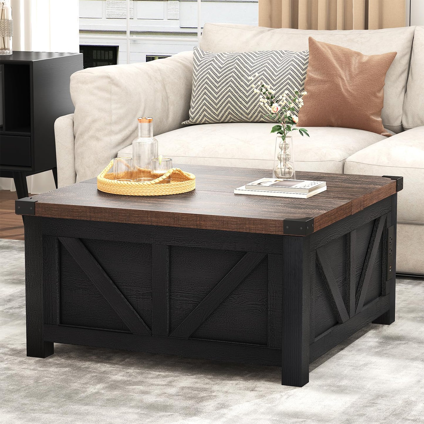 Farmhouse Lift Top Coffee Table with Storage and Charging Station – Black Wood Square Center Table with USB Ports, Hidden Compartment, and Large Storage Space for Living Room, Bedroom, or Home Office