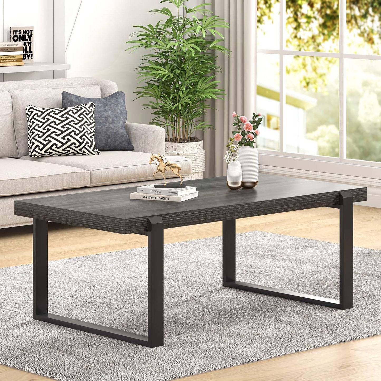 FOLUBAN 47" Industrial Coffee Table – Rustic Dark Gray Wood and Metal Rectangle Center Table for Living Room