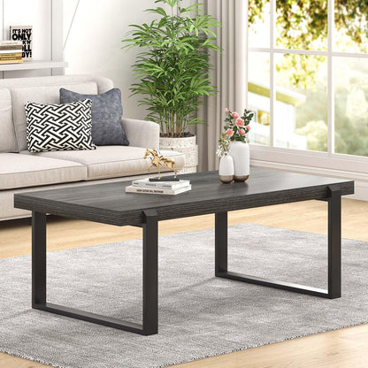 FOLUBAN 47" Industrial Coffee Table – Rustic Dark Gray Wood and Metal Rectangle Center Table for Living Room