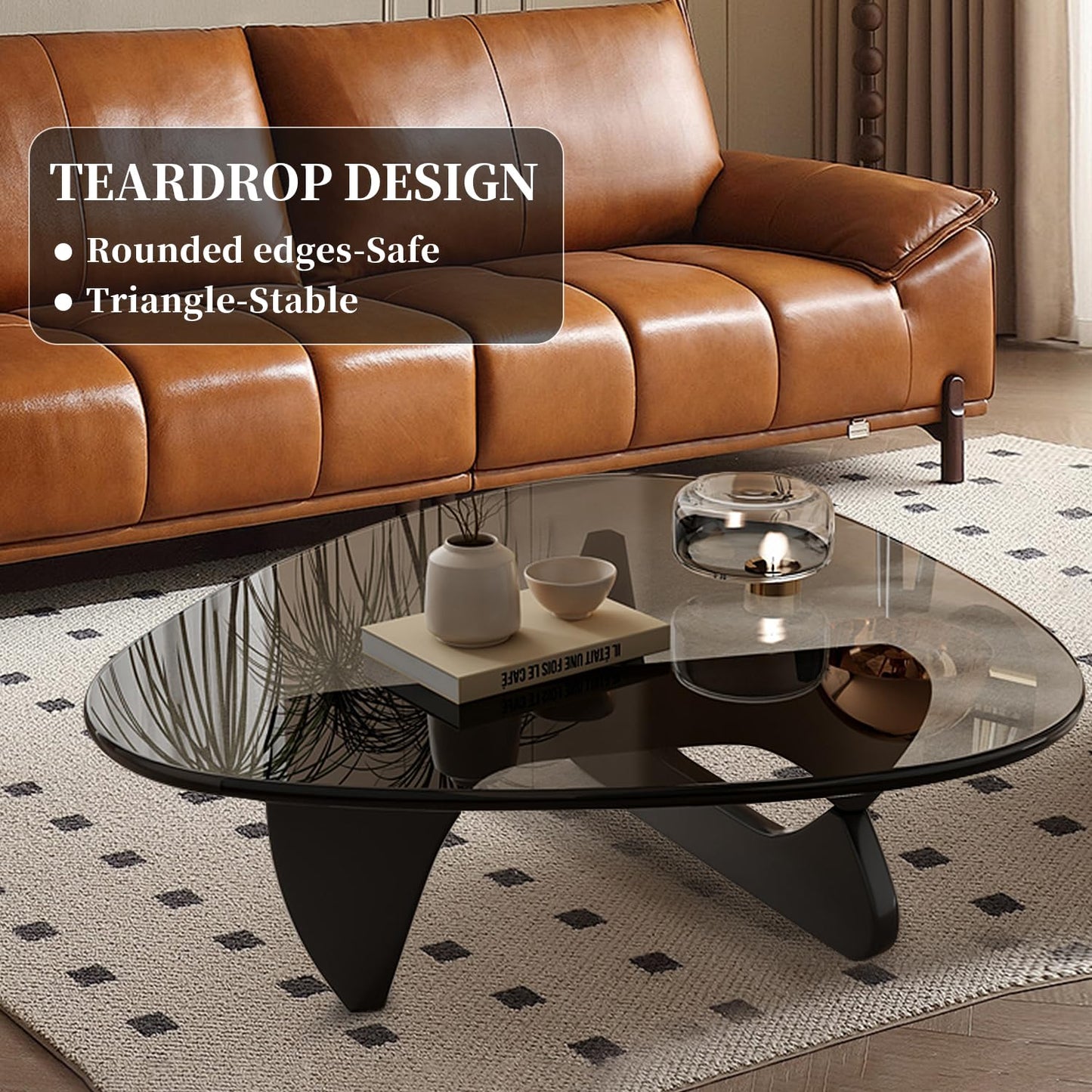 Mid Century Modern Glass Coffee Table, Small Coffee Table for Living Room Bedroom Office, Black/Grey Medium