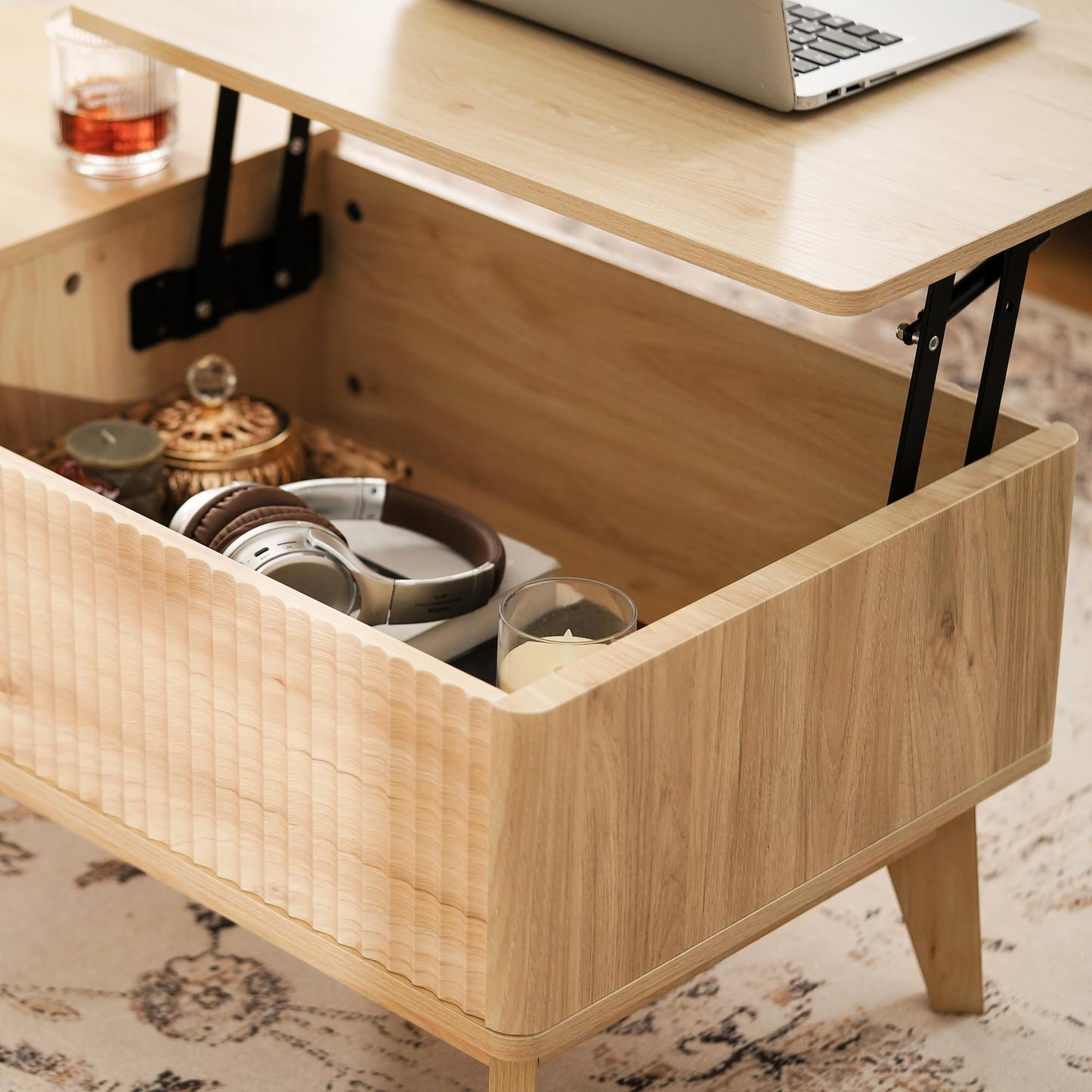 LYNCOHOME Fluted Lift Top Coffee Table with Hidden Compartment – Modern Center Table for Living Room or Home Office, Natural Finish