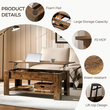 Yaheetech 47.5" Lift Top Coffee Table with Hidden Compartment & Storage Shelf – Rising Tabletop Convertible Dining Table for Living Room or Reception, Rustic Brown