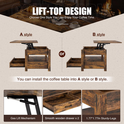 Rolanstar Lift Top Coffee Table with Drawers & Hidden Compartment – Retro Wooden Central Table with Adjustable Lift Tabletop for Living Room, Rustic Brown