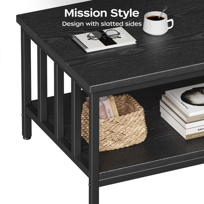 Modern Farmhouse Coffee Table with Slatted Frame, 2-Tier Storage Shelf for Living Room or Office, 39 Inch Black