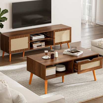 Boho Coffee Table with Rattan Drawer and Solid Wood Legs, Small Living Room Table with Storage, Walnut