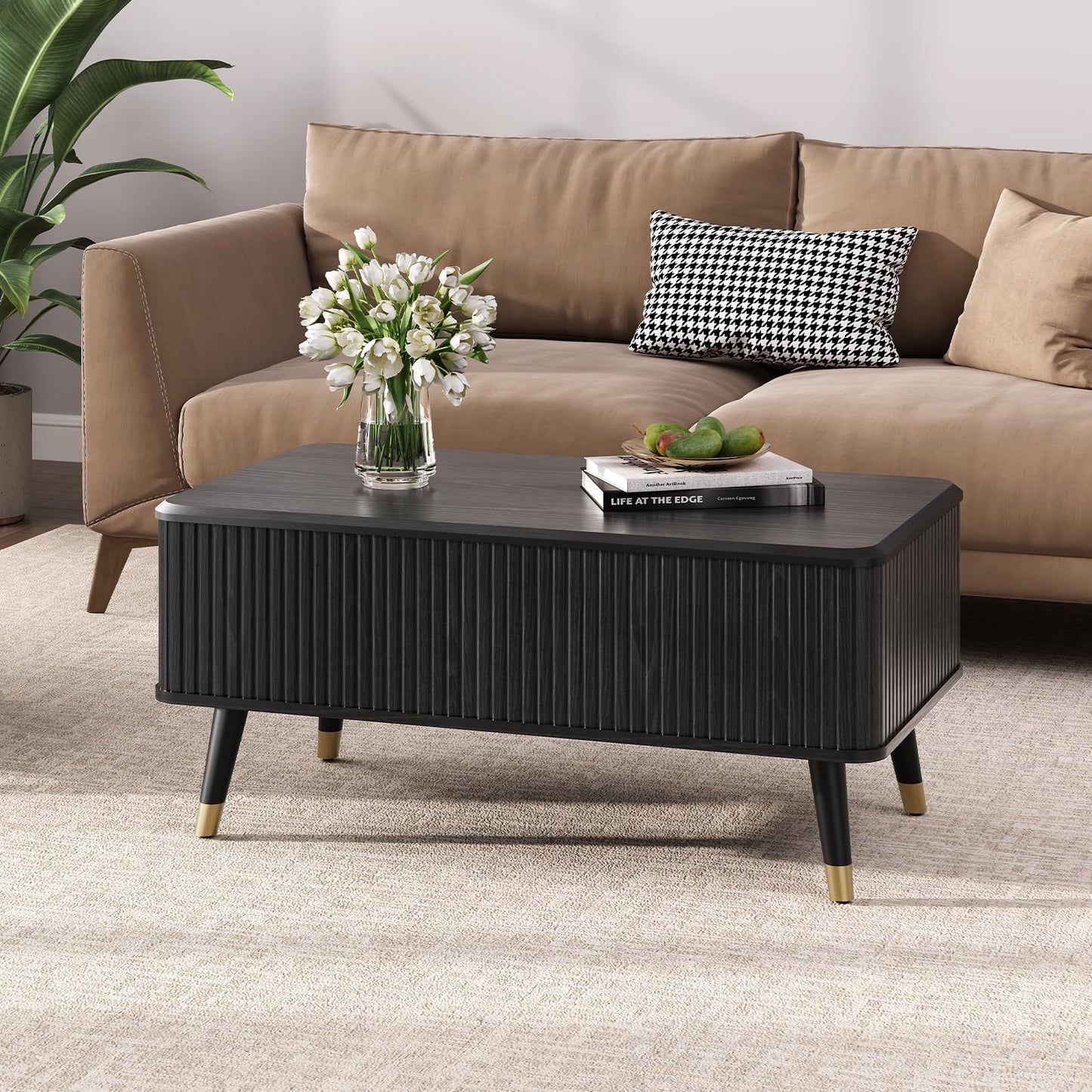 Lift Top Coffee Table with Storage Shelf & Hidden Compartment, Mid-Century Modern Fluted Rectangle Table for Living Room or Home Office, Black