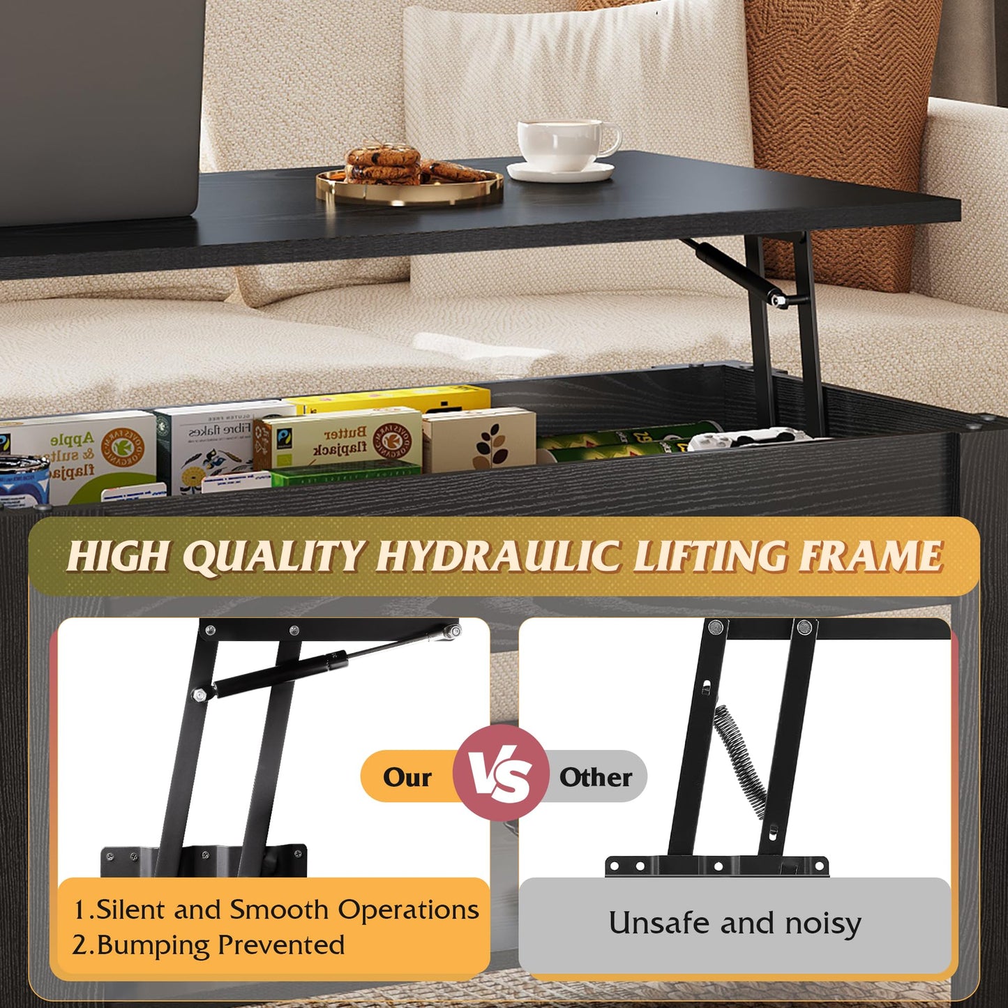 39" Lift Top Coffee Table with Hidden Compartment and Storage Shelf for Living Room or Office, Black Oak