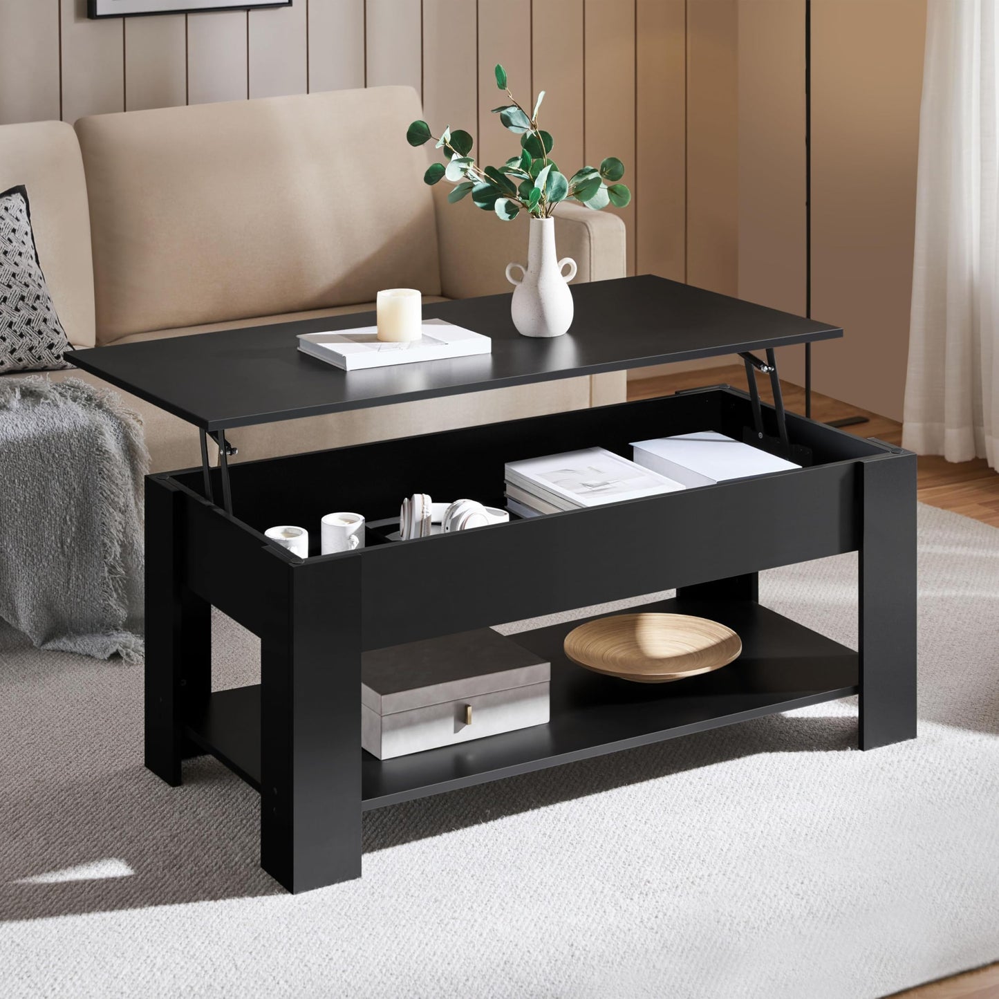 Yaheetech 47.5" Lift Top Coffee Table with Hidden Compartment & Storage Shelf – Rising Tabletop Convertible Dining Table for Living Room or Reception, Black