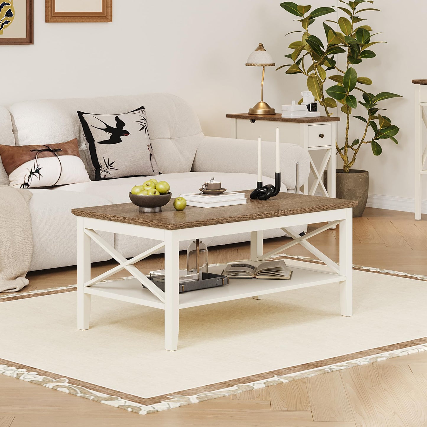 White Wooden Farmhouse Coffee Table with Thick Legs and Storage for Living Room