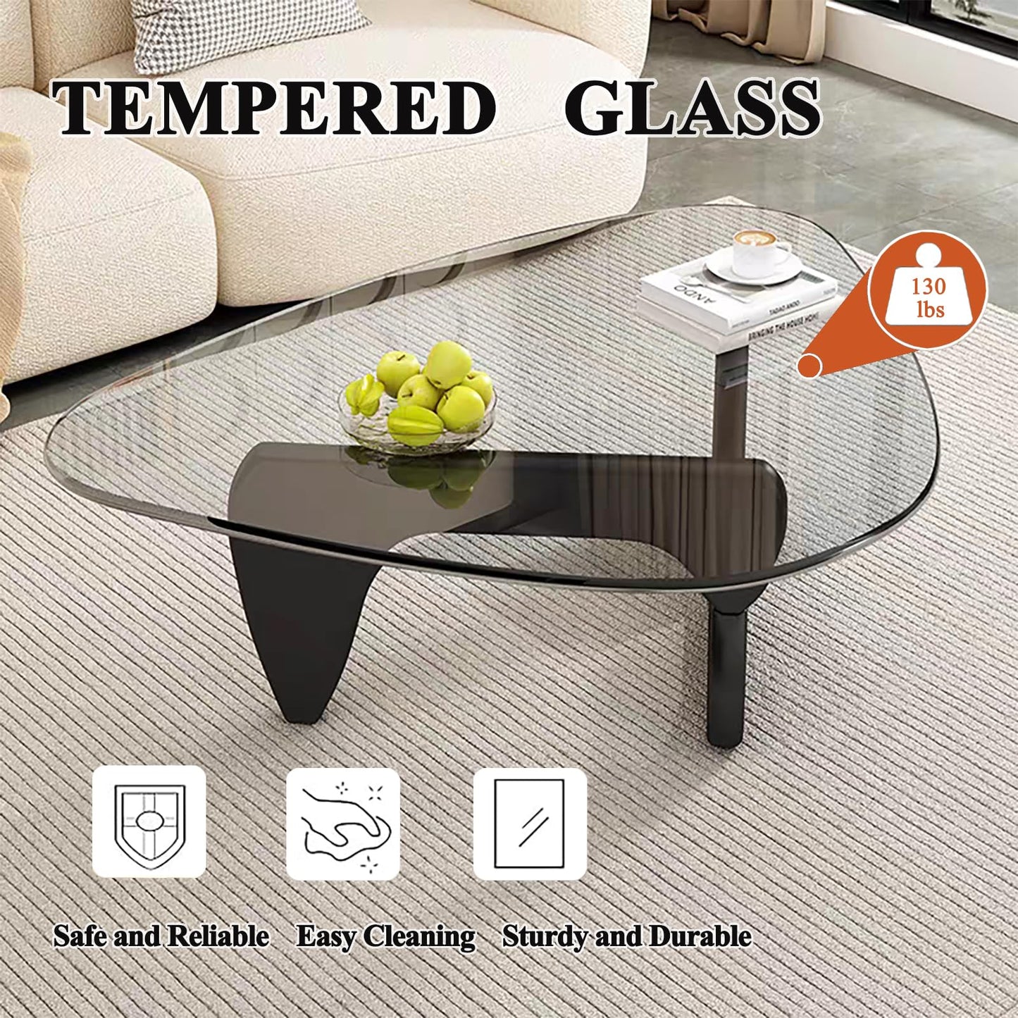 Modern Glass Coffee Table, Mid Century Small Coffee Table for Living Room Bedroom Office, Black/Transparent Medium