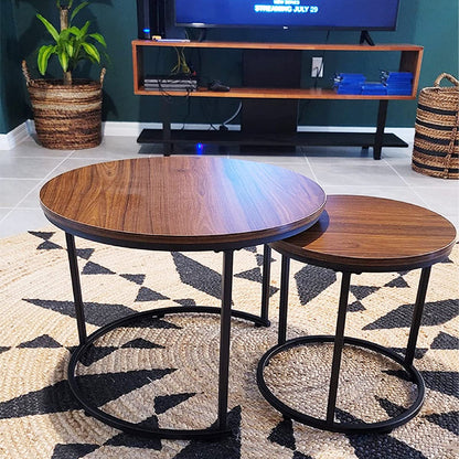 Nesting Coffee Table Set of 2, Round End Tables with Sturdy Metal Frame for Living Room or Bedroom, Modern Industrial Style