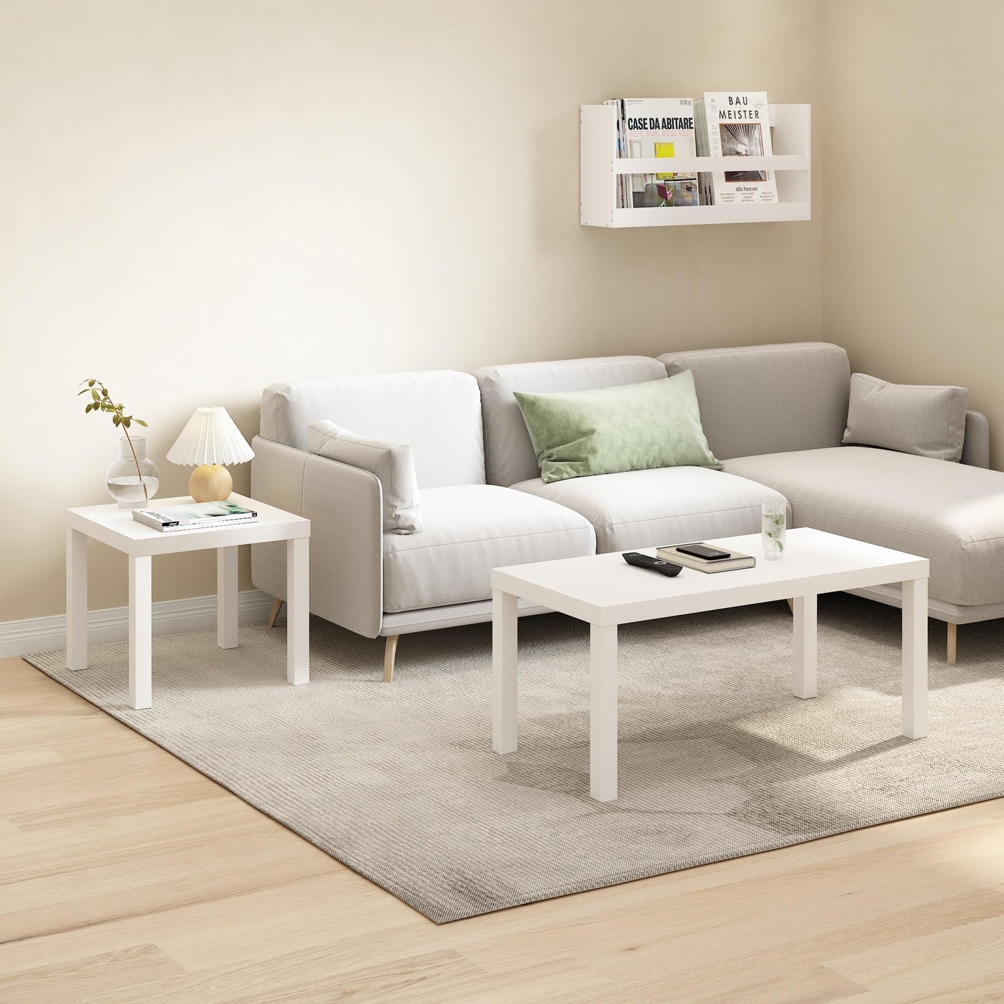 Modern Rectangle Coffee Table with 1.8 Inch Thick Tabletop, Classic Side Table for Living Room or Office, White