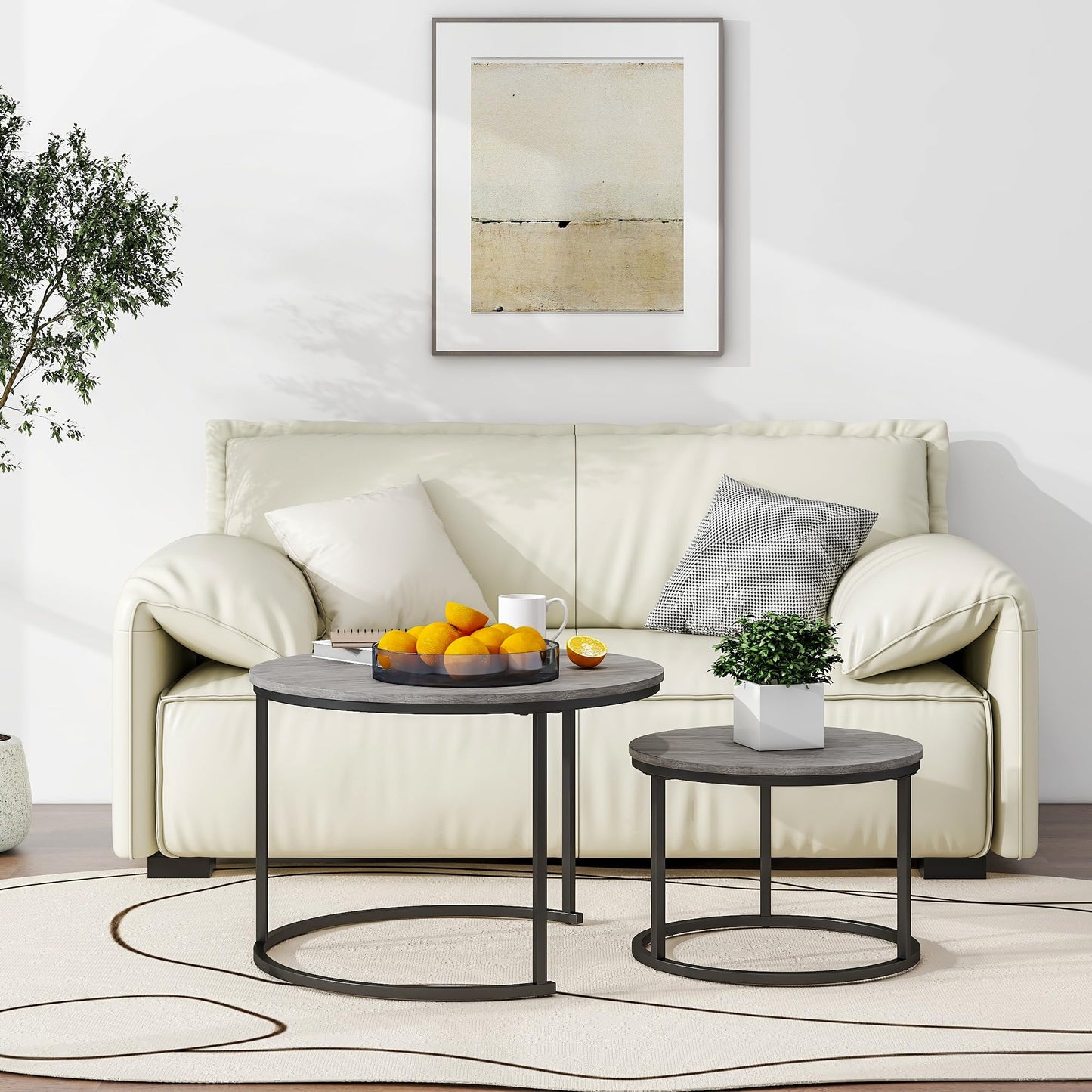 Nesting Round Coffee Table Set of 2, Wooden Accent Tables with Metal Frame for Living Room, Stacking Side Tables, Black/Warm Grey