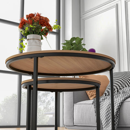 Industrial Round Coffee Table Set of 2, Stacking Side Tables with Wood-Look Top and Metal Frame for Living Room, Black/Teak