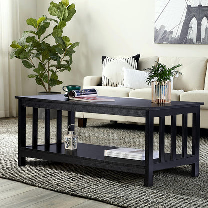 Black Wood Mission Coffee Table with Shelf, 40 Inch Living Room Table