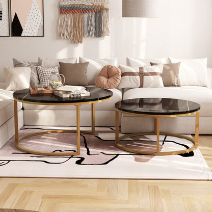 WiberWi Round Nesting Coffee Tables Set of 2 – Large Ø34", Small Ø26", Modern Gold Metal Frame Circle Tables with High Gloss Faux Black Marble Top for Living Room