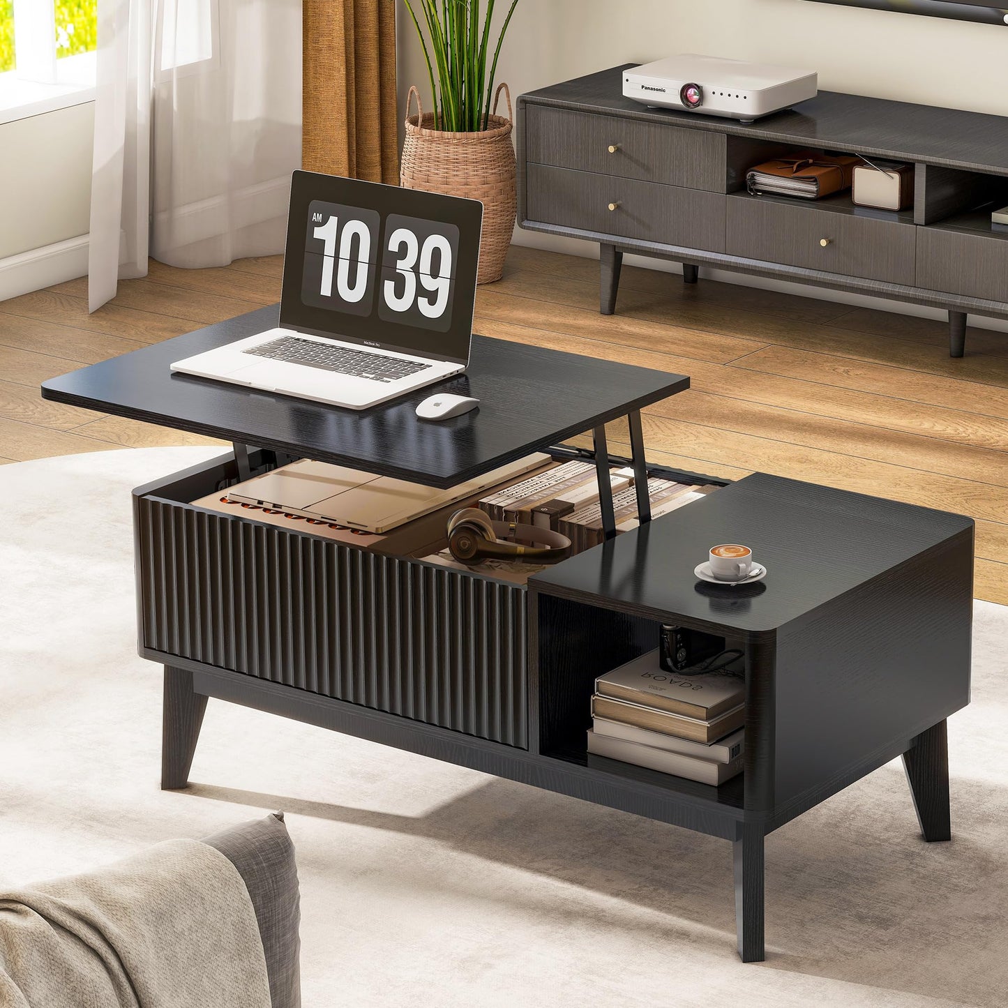 LYNCOHOME Fluted Lift Top Coffee Table with Hidden Compartment – Modern Wood Center Table for Living Room or Home Office, Black Finish