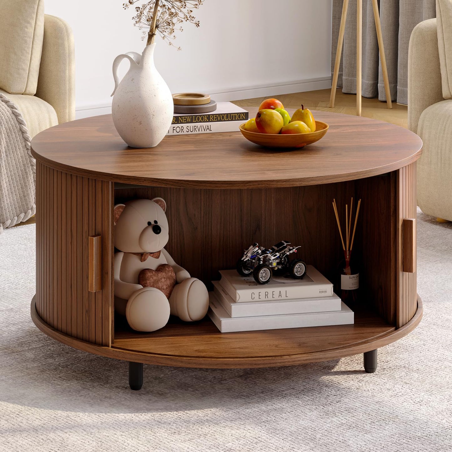 Round Coffee Table with Storage, 31.5" Modern Fluted Wood Table with 360° Sliding Door and Adjustable Footpads, Walnut