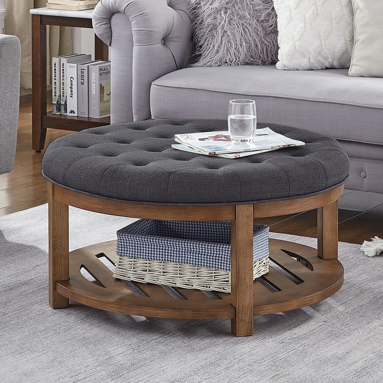 24KF Large Round Upholstered Tufted Linen Ottoman Coffee Table with Wooden Storage Shelf, Large Footrest Ottoman for Living Room, Charcoal